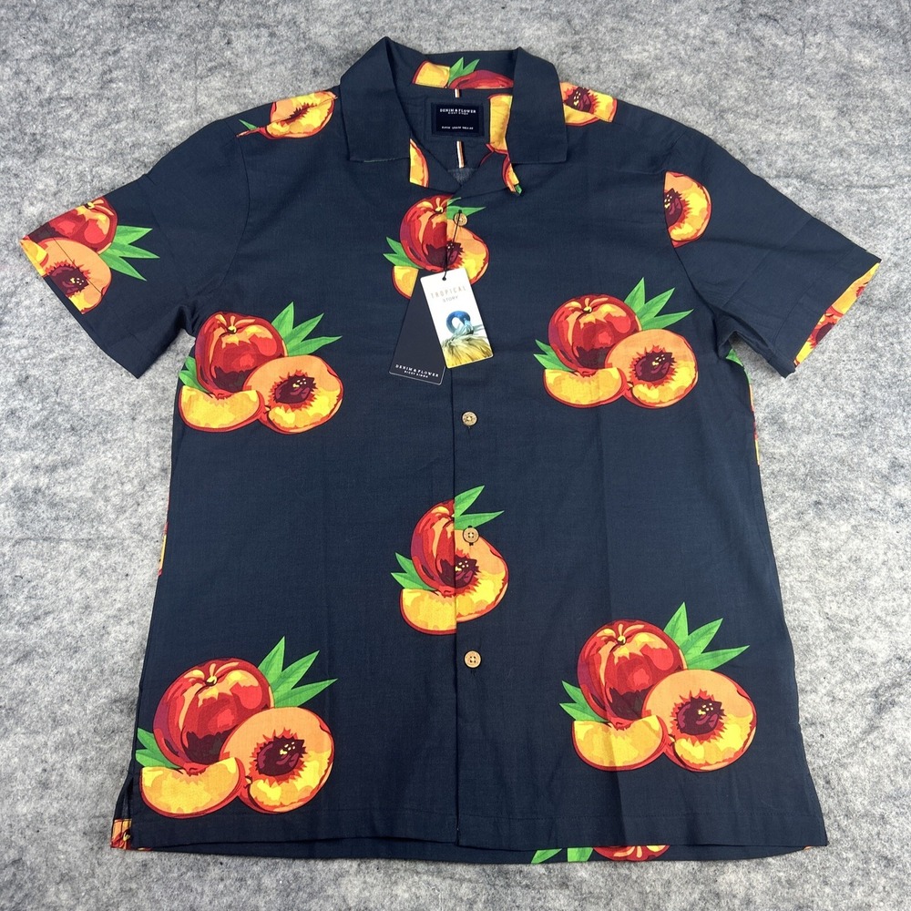 NWT DENIM & FLOWER Mens Size M Blue Peaches AOP Short Sleeves Button‎ Up Collar